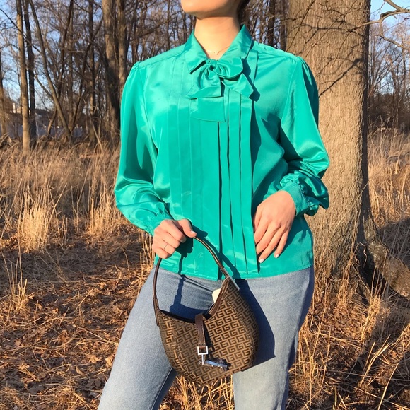 Vintage 80s Teal Front Neck Tie Button Down Blouse - Picture 4 of 11